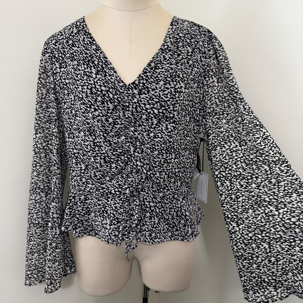 NEW 1 State Large Black White Animal Print Flare Sleeve Blouse Top